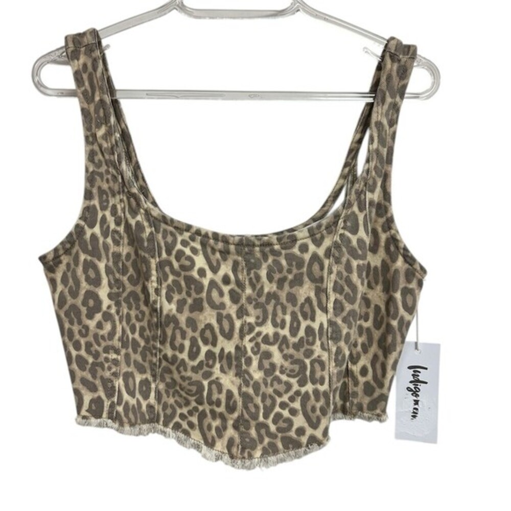 Indigo Rein Crop Tank Top Womens M Beige Leopard Print Zip Front Fringe